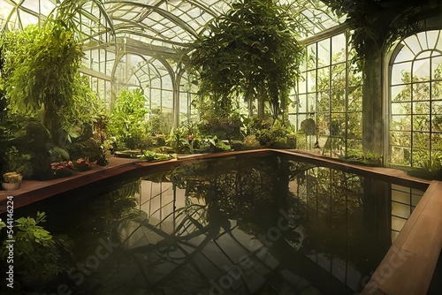 Victorian Spa and wellnes centre in botanical garden interior illustration lifestyle design