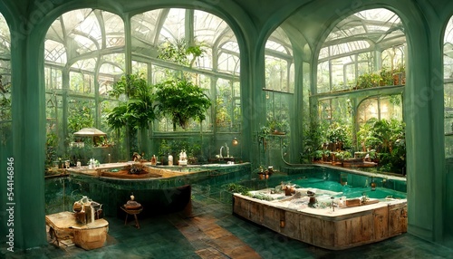 Victorian Spa and wellnes centre with pools in botanical garden interior illustration design