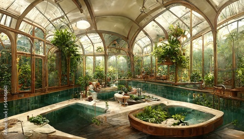Victorian Spa and wellnes centre in botanical garden interior illustration design