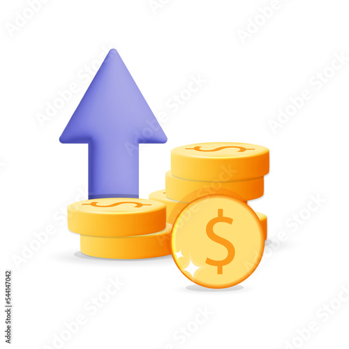 3d vector cartoon render stack of gold dollar coins with arrow up, cost rising icon and profit interest increase symbol design