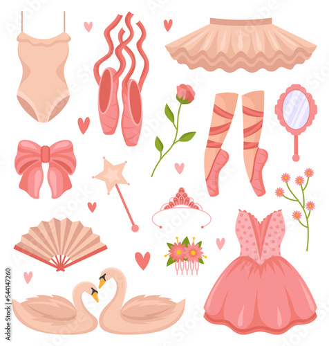 Cute pink ballet clothes and objects vector illustrations set. Cartoon drawings of feminine clothing, tutu, dress, pointe shoes, swans, flowers isolated on white background. Ballet, decoration concept