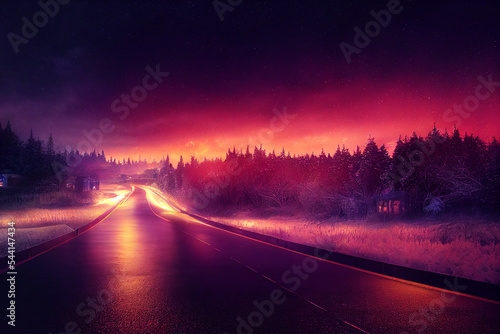 winding asphalt road leading towards sunset light
