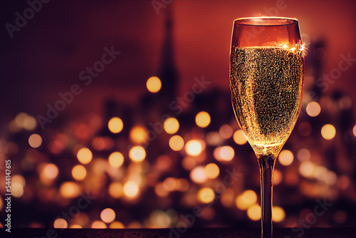 sparkling champagne in glasses and festive lights New Year