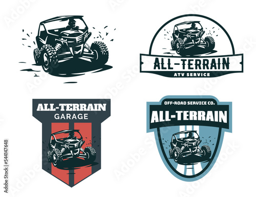 Set of ATV logo, emblems, badges and icons. All-terrain vehicle off-road design elements. ATV quad in mud with rider.