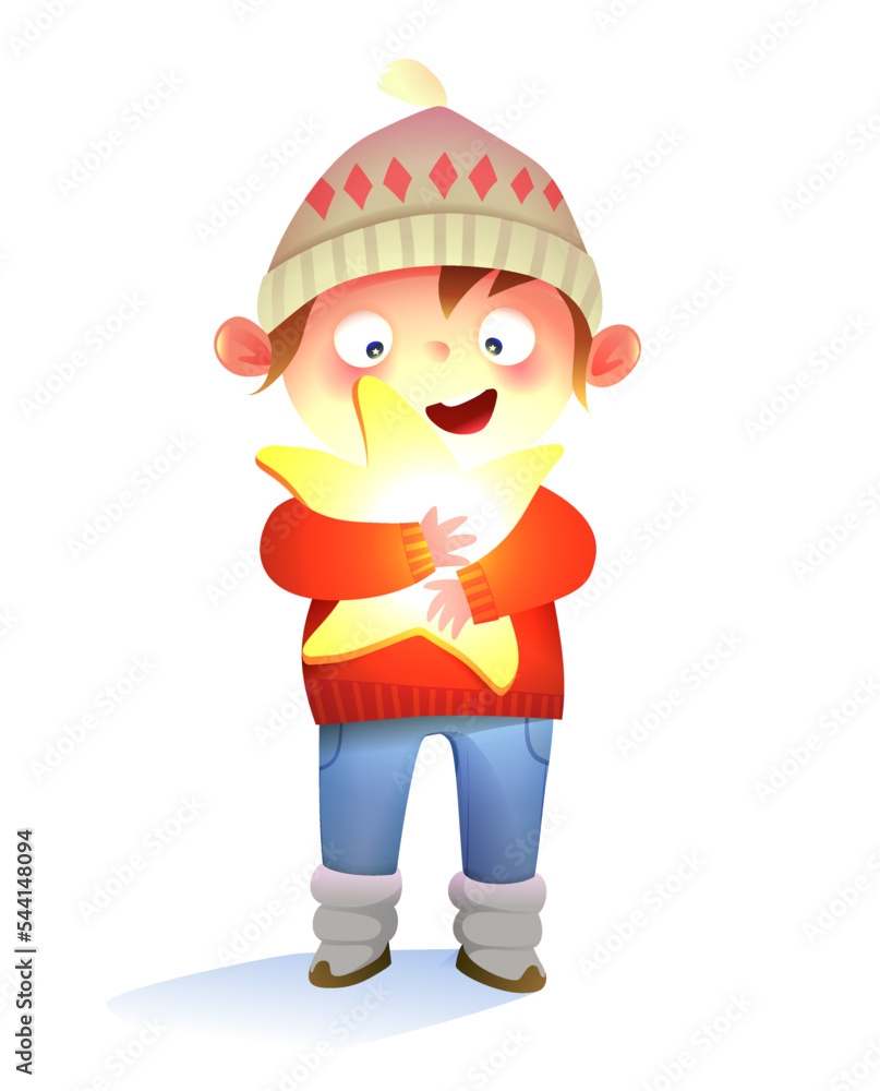 Cute little boy holding a star, childhood dreams about catching a star. Adorable character for kids storytelling cartoon. Vector isolated clipart. Cute little boy holding a star, childhood dreams about catching a star. Adorable character for kids storytelling cartoon. Vector isolated clipart.