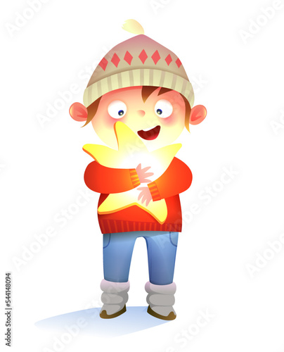 Cute little boy holding a star, childhood dreams about catching a star. Adorable character for kids storytelling cartoon. Vector isolated clipart.