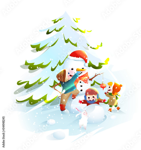 Kids making a snowman with snow sticks and carrot. Children playing in winter with snow, Christmas holiday clipart, building a snowman. Winter activities together. Vector isolated kids clip art.