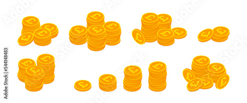 Vector Isometric gold coins with British pound sterling sign stack set. 3d pile of golden money cash symbol collection isolated on white. Banking, business, financial currency concept for web, app.