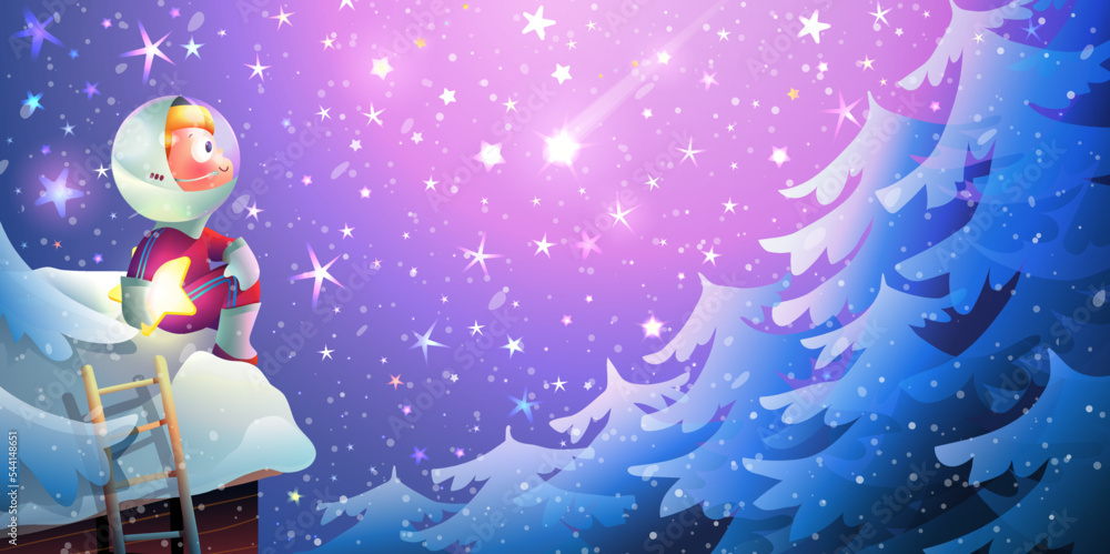 Naklejka premium Little boy in cosmonaut costume watching stars from roof in winter night. Magical starry night, snow forest landscape and a cosmonaut kid dreaming. Vector fairytale dreamy scenery wallpaper.