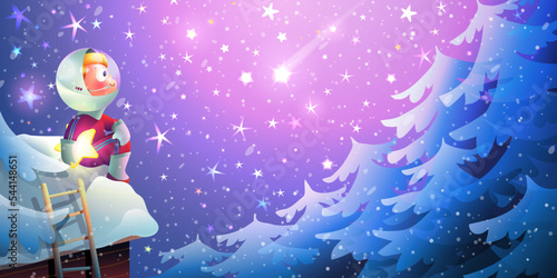 Little boy in cosmonaut costume watching stars from roof in winter night. Magical starry night, snow forest landscape and a cosmonaut kid dreaming. Vector fairytale dreamy scenery wallpaper.