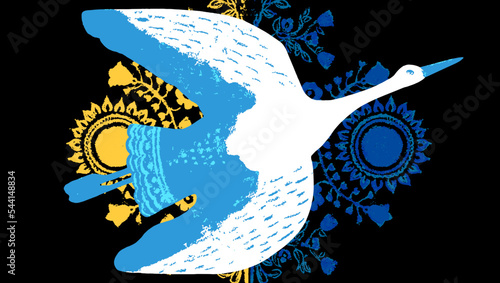 Flying stork. Peace symbol, no war concept. Hand drawn