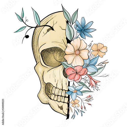Skull head ruined butterflies and floral line art tattoo