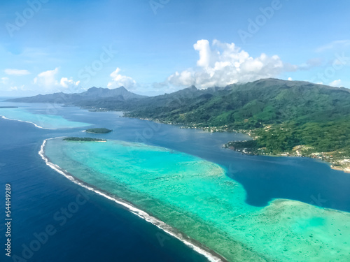 Turquoise sea water island atoll landscape aerial view. Beautiful tropical background. Exotic summer resort, vacation, paradise holiday travel concept. Relaxing nature