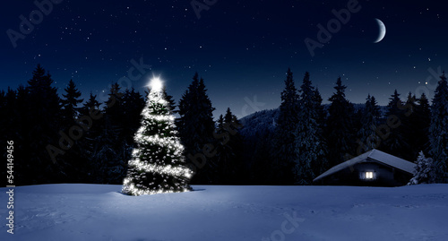 Leuchtender Weihnachtsbaum in einem verschneiten Winterwald