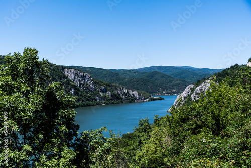 Landscape of the Danube river (Danube gorges) seen from the Serbian shore. Dubova, Romania. © Sulugiuc