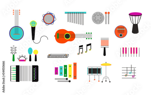 colourful music icons set, instruments collection, musical illustrations
