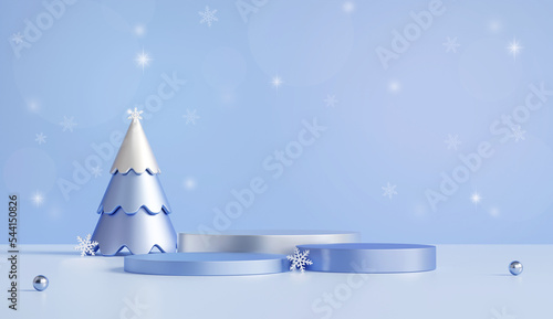 3D rendering pastel blue product display stands, with Christmas tree model on snow blue background. Luxury Christmas or winter sale presentation scene.