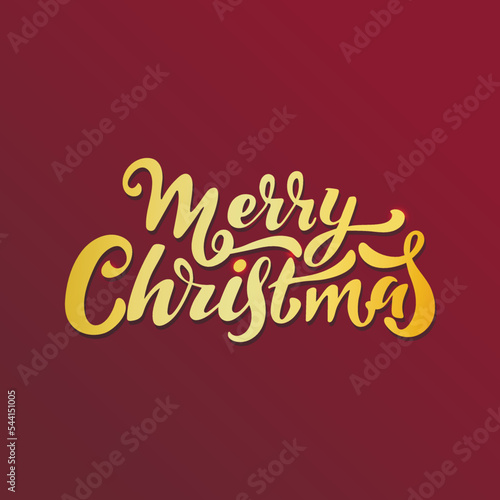 Merry Christmas card. Golden calligraphy letters with sparkles on the red background. Vector hand lettering. Invitation congratulation Christmas card. Winter holiday. Luxury.