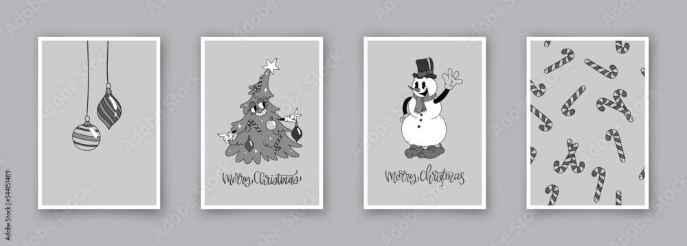 Collection of 4 simple christmas cards in retro cartoon style isolated on background. Hand drawn cute vintage posters, holiday covers or banners Collection of 4 simple christmas cards in retro cartoon style isolated on background. Hand drawn cute vintage posters, holiday covers or banners