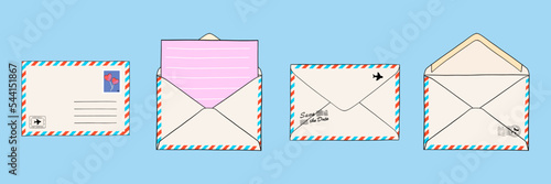 Collection of 
postal envelopes with mail, postmarks and postcards. Paper document enclosed in an envelope. Isolated vector Illustrations for web and print