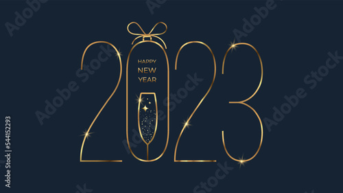 Happy New Year 2023 golden number with glass champagne. Vector holiday composition of numbers.