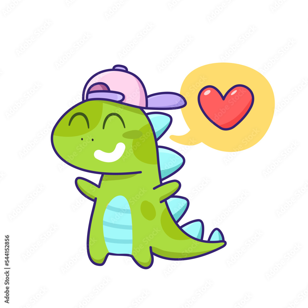 Obraz premium Cute Dinosaur kid with heart hand drawn doodle illustration. Cute cartoon Dinosaur boy for tee print design. Happy dinosaur hand drawn art for kids design. Isolated vector