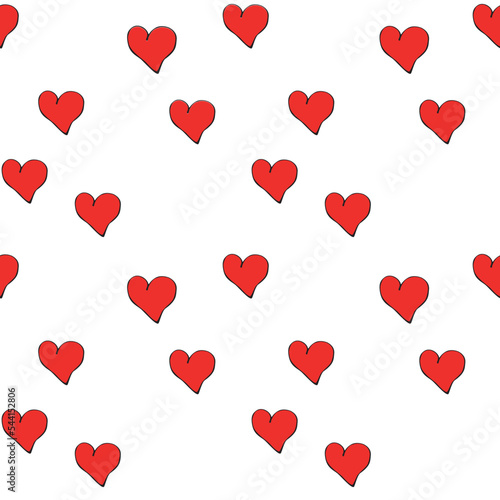 Vector seamless pattern with red hearts in doodle style. Hand drawn texture for wrapping paper, Valentine's day, greeting card, wedding