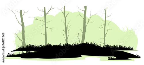 Dried trees. Swamp landscape. View of the river bank. Silhouette picture. Isolated on white background. Vector.