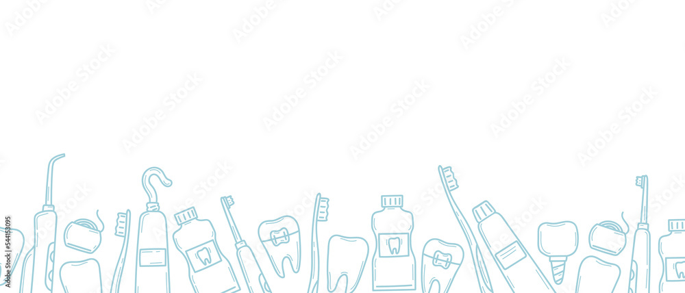 Horizontal border with dental icons along the bottom. Tools for cleaning and treatment of teeth in doodle. Dentistry banner template. Isolated vector illustration in sketch