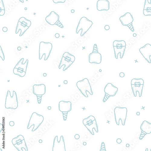 Seamless pattern from teeth, dental implants, braces. Endless print for background, fabric, wrapping paper. Isolated vector illustration