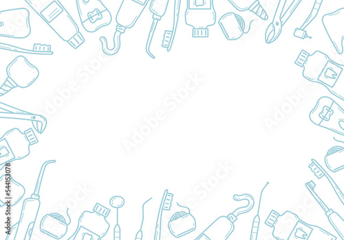 Dental frame with tools for cleaning and treatment of teeth in doodle. Dentistry banner template. Healthy clean teeth, orthodontics, oral cavity care. Isolated vector illustration in sketch.