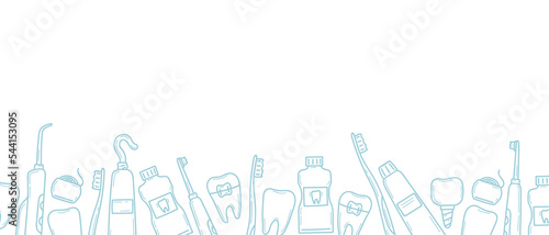 Horizontal border with dental icons along the bottom. Tools for cleaning and treatment of teeth in doodle. Dentistry banner template. Isolated vector illustration in sketch