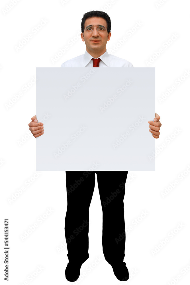 Gestenserie: salesman presents white advertising sign Gestenserie: salesman presents white advertising sign