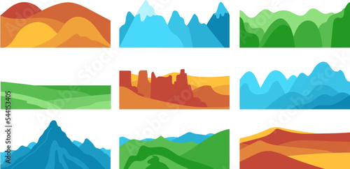 Natural scenery landscape set. Horizontal simple collage elements set. Grassland, mountain, field, prarie, forest, meadow. Vector advertising and web banner template. Modern flat graphic illustration.