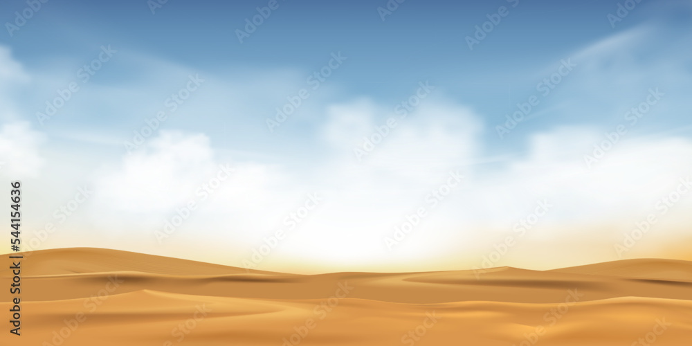 Blue sky with fluffy clouds and beach sand in hot sunny day Summeror Spring,Vector illustration panoramic Minimal cartoon beautiful nature Desert landscape sand dunes with Sunlight in morning