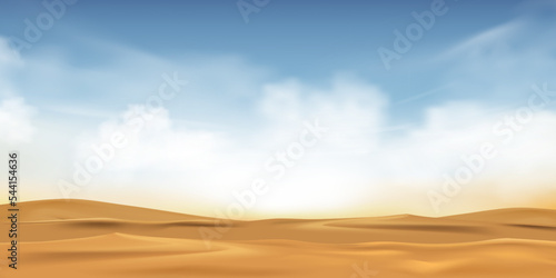 Blue sky with fluffy clouds and beach sand in hot sunny day Summeror Spring,Vector illustration panoramic Minimal cartoon beautiful nature Desert landscape sand dunes with Sunlight in morning