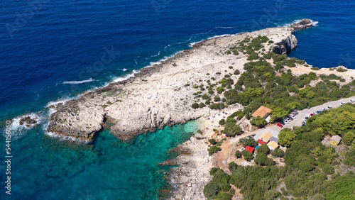 Aerial drone photo of secluded paradise beach of Alaties forming a small fjord, island of Kefalonia, Ionian, Greece photo