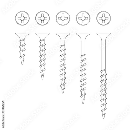 set small and big self tapping screws, black and white illustration vector, group multiple sizes sharp tailed