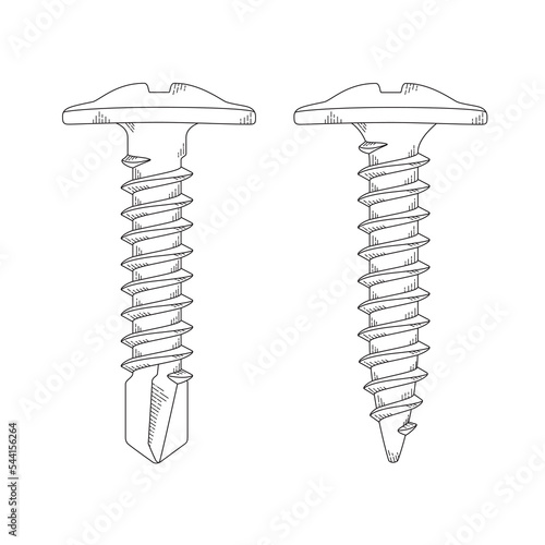 screw working drawing, small tailed self-tapping screws black and white art sketch vector