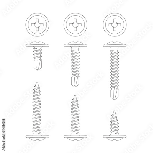 set small and big self tapping screws, black and white illustration vector, group multiple sizes