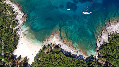 Aerial drone photo of secluded paradise beach of Kimilia one of the most beautiful on the island of Kefalonia very close to Fiskardo village, Ionian, Greece