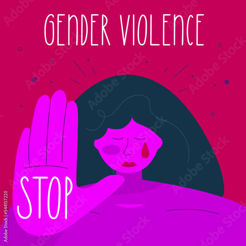 Concept STOP gender violence. The woman crys with hand icon STOP. The NO GBV vector illustration in hand drawn art style.