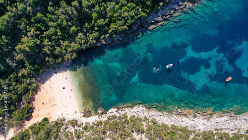 Aerial drone photo of secluded paradise beach of Dafnoudi one of the most beautiful on the island of Kefalonia, Ionian, Greece photo