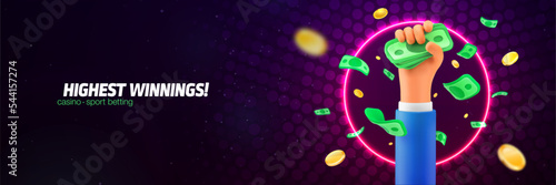 Jackpot winning celebration vector banner. Lottery winner illustration. Sport or casino betting neon lights banner. Human hand catch stack of bills. Falling money and cartoon arm on dark background.