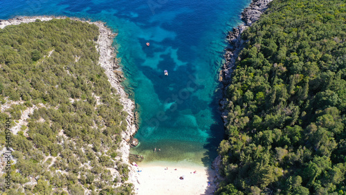 Aerial drone photo of secluded paradise beach of Dafnoudi one of the most beautiful on the island of Kefalonia, Ionian, Greece