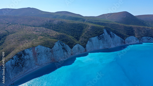 Aerial drone photo of secluded paradise beach of Fteri one of the most beautiful on the island of Kefalonia, Ionian, Greece photo