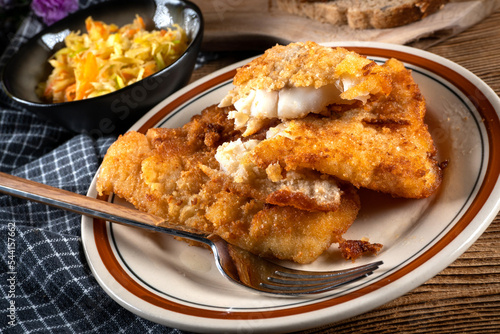 Fried cod fillet.