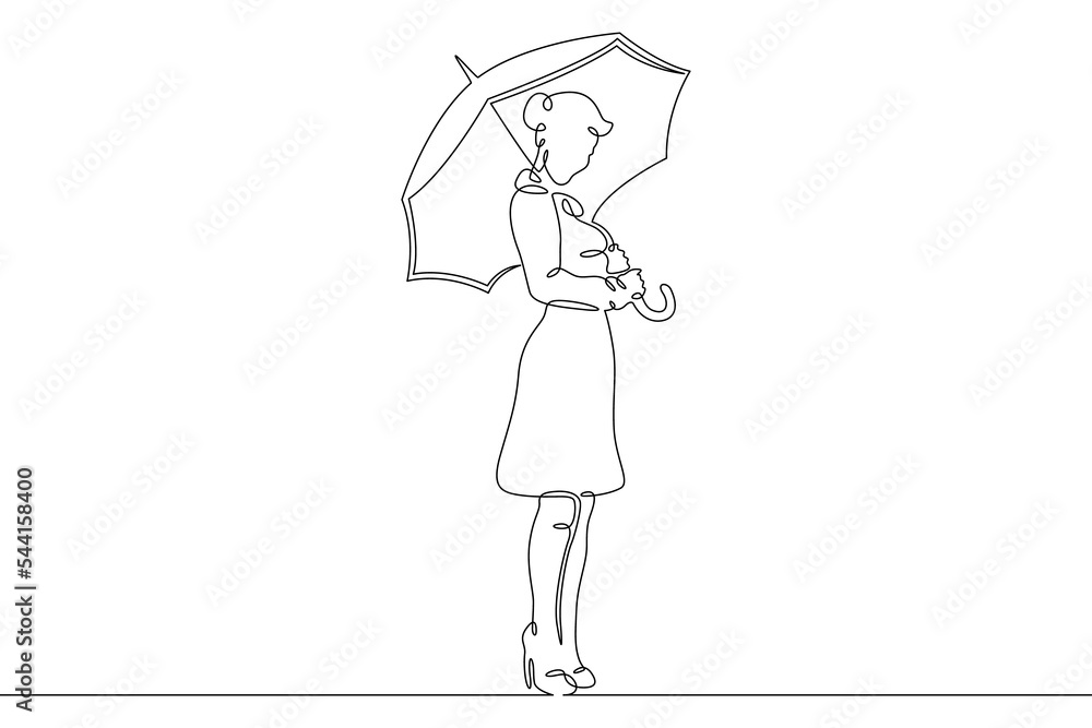 One continuous line. Woman with an umbrella in the rain. One continuous line on a white background.