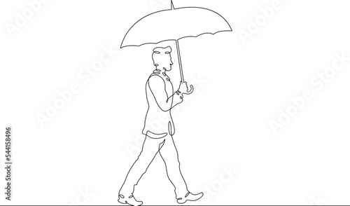 One continuous line. Man with umbrella in the rain. One continuous line on a white background.
