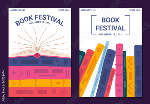 Cartoon Color Book Festival Concept Poster Card Invitation for Library or Bookstore Flat Design Style. Vector illustration